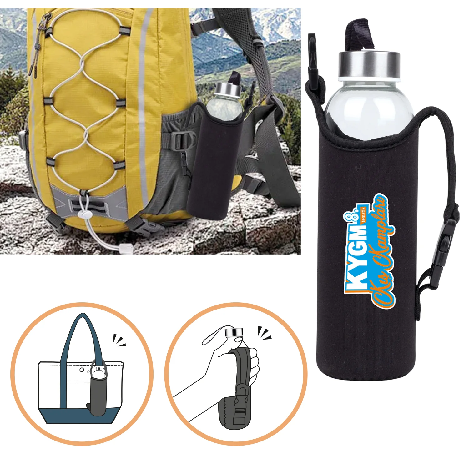 Çanta Askı Kılıflı Cam Matara 500 ml